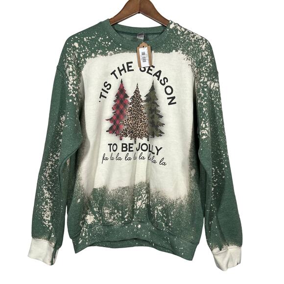 NEW! Tis The Season Bleach Dye Christmas Sweatshirt Sweater - M - Picture 1 of 4